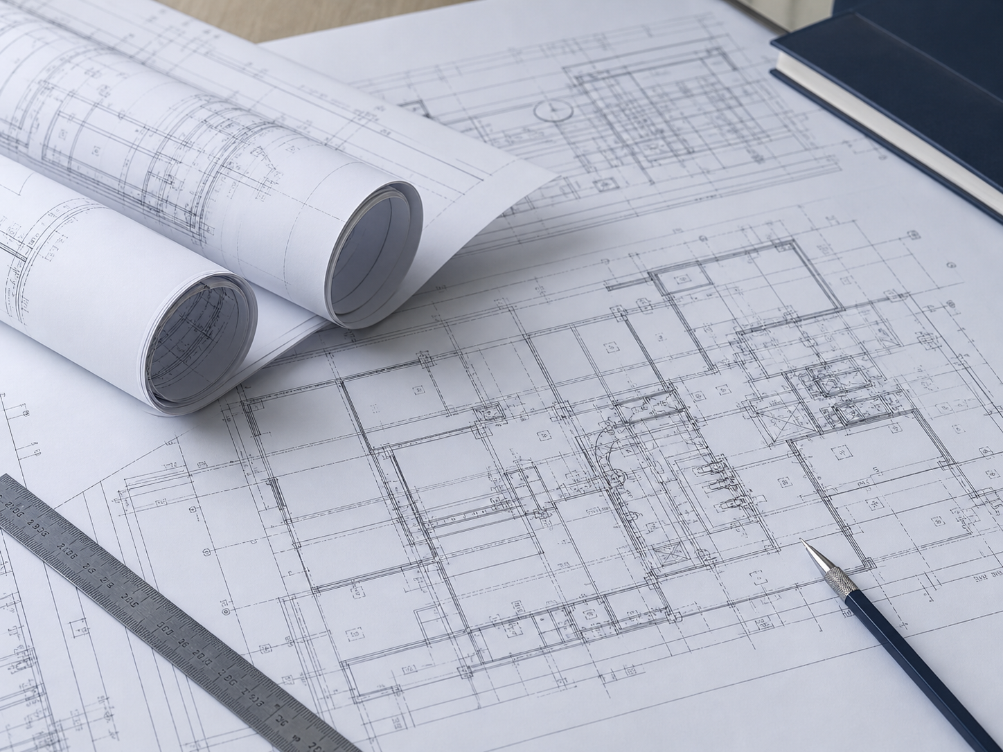 Planos arquitectónicos y de ingeniería extendidos sobre una mesa de trabajo